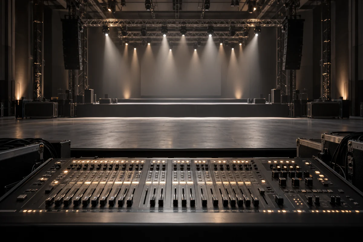 An empty event stage with professional production lighting — illustrative imagery