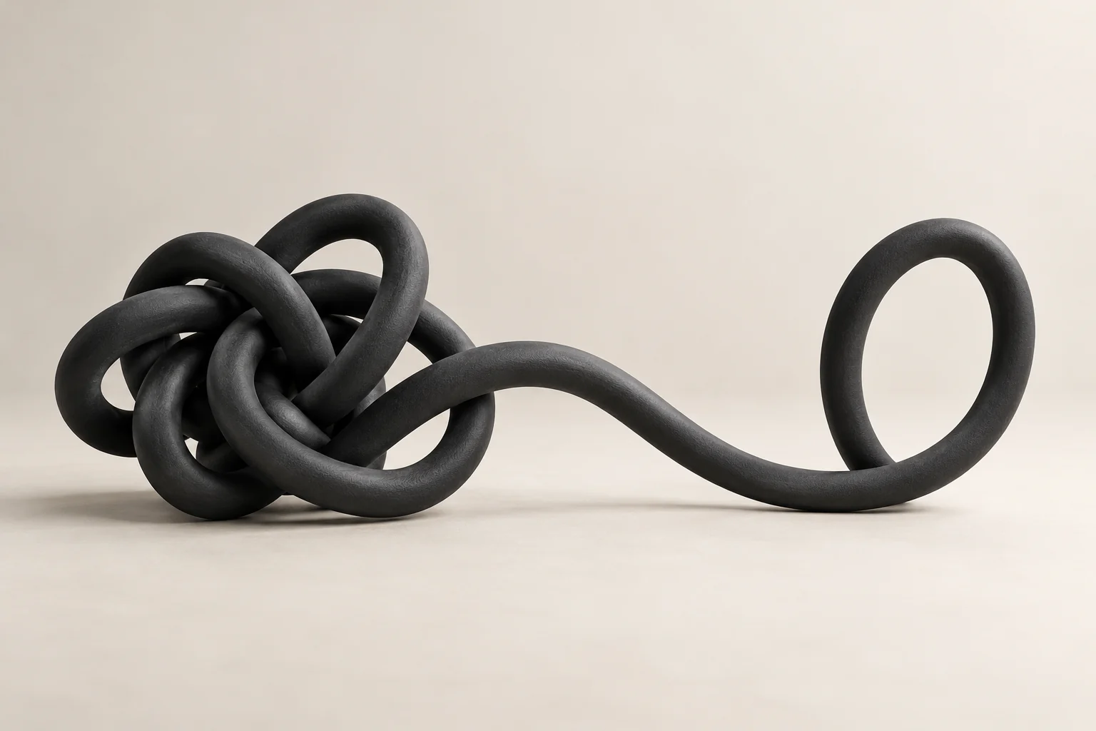 A sculptural black cord changing from a tangle into a smooth, simple loop