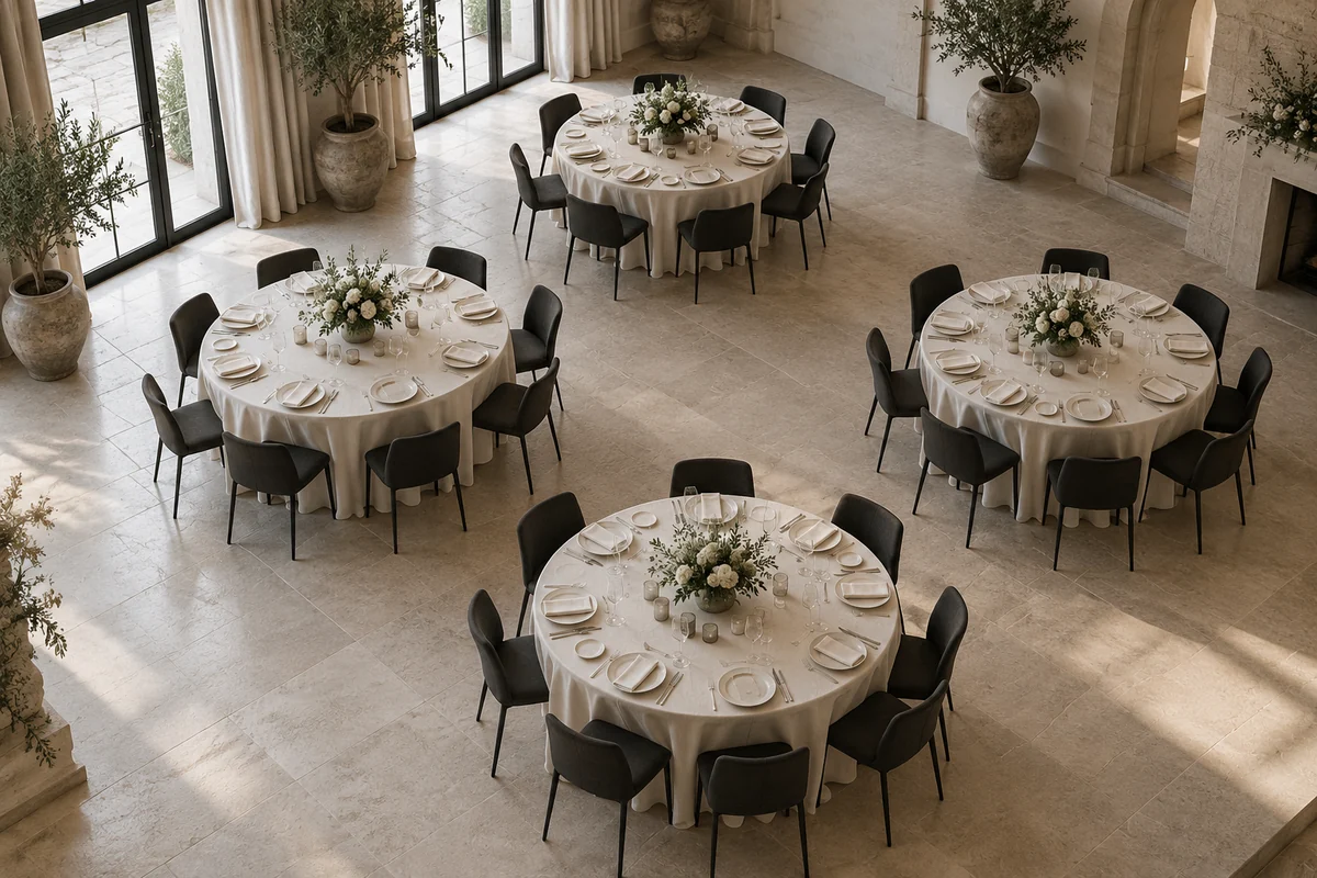 An overhead view of carefully arranged event tables, illustrative imagery